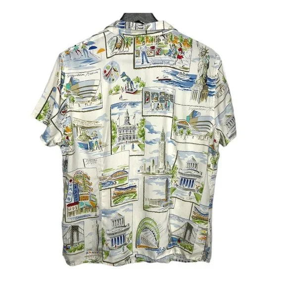 New York City Tourist Attractions Print Short Sleeve Button Up Top Large - Picture 2 of 5